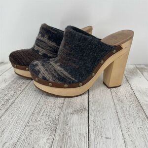 Woolrich Womens 7.5 Journalist Platform‎ Wool Slip On Clog Wooden Heels Gray